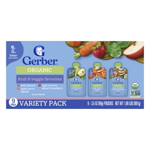 Gerber, органические смеси для пюре, ассорти, 2nd Foods®, любимые фрукты и овощи, 9 паучей по 99 г (3,5 унции) (Товар снят с продажи) 