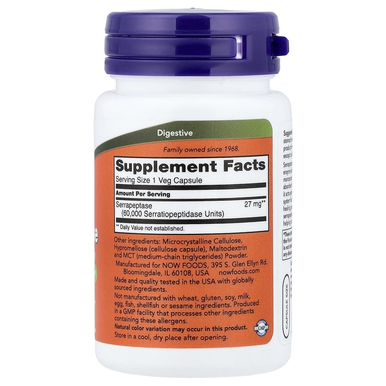 NOW Foods, серрапептаза, 60 растительных капсул (27 мг в 1 капсуле)