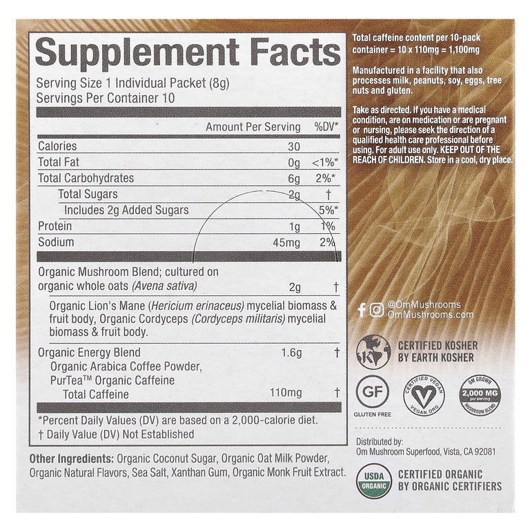 Om Mushrooms, Смесь грибов Superfood, кофе латте, 10 пакетиков по 8 г (0,28 унции)