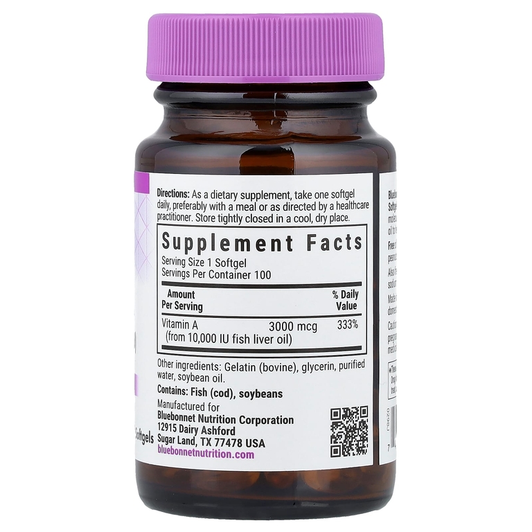 Bluebonnet Nutrition, Витамин A, 3000 мкг (10 000 МЕ), 100 мягких таблеток
