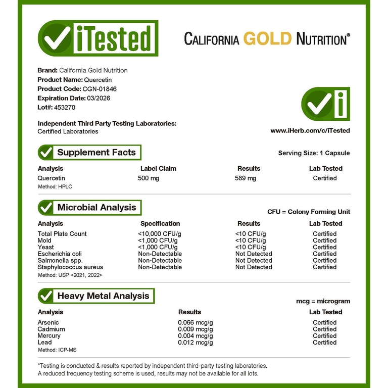 California Gold Nutrition, кверцетин, 500 мг, 180 растительных капсул