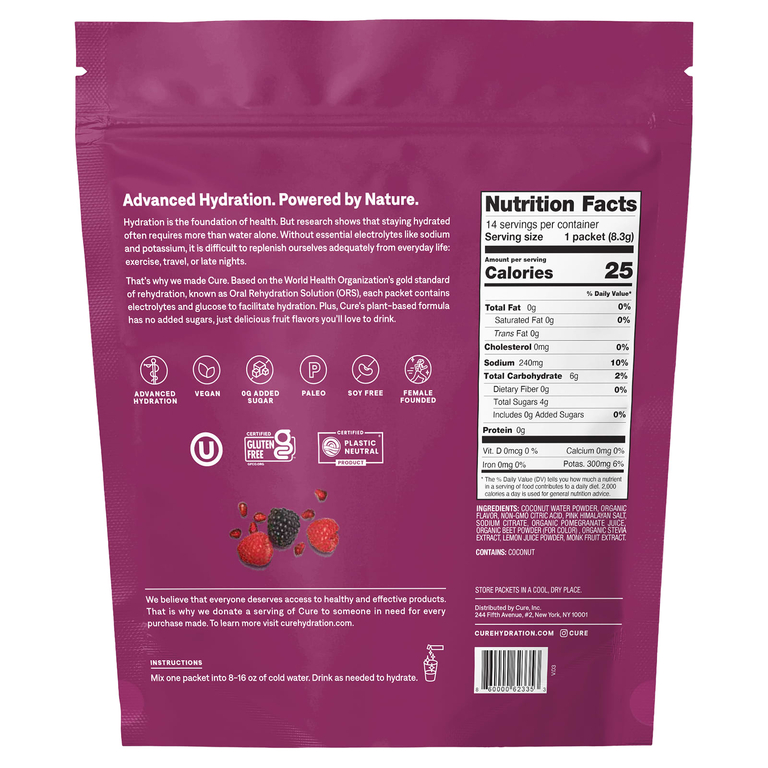 Cure Hydration, увлажняющая смесь электролитов, со вкусом ягод и граната, 14 пакетиков по 8,3 г (0,29 унции) каждый
