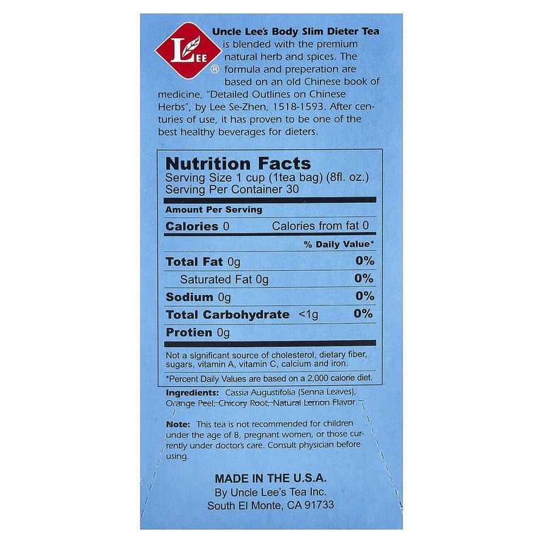 Uncle Lee's Tea, чай для похудения, лимон, без кофеина, 30 чайных пакетиков, 60 г (2,12 унции)