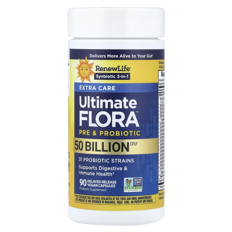 Renew Life, Ultimate Flora™, пребиотики и пробиотики, 90 веганских капсул с отсроченным высвобождением