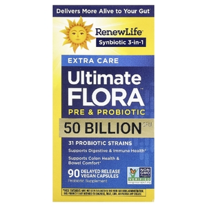 Renew Life, Ultimate Flora™, пребиотики и пробиотики, 90 веганских капсул с отсроченным высвобождением
