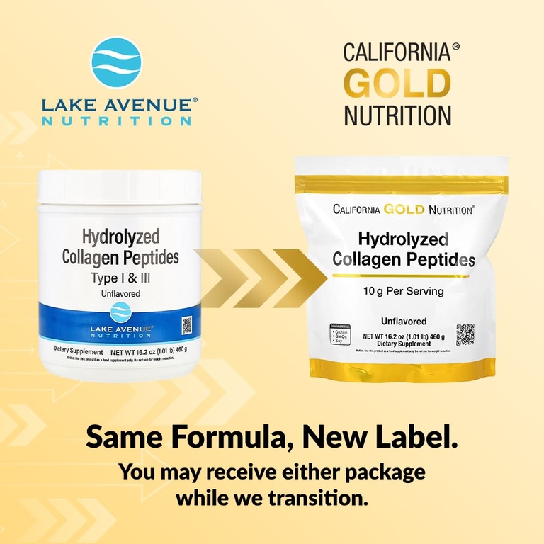 California Gold Nutrition, пептиды гидролизованного коллагена типов I и III, без добавок, 460 г (1,01 фунта)