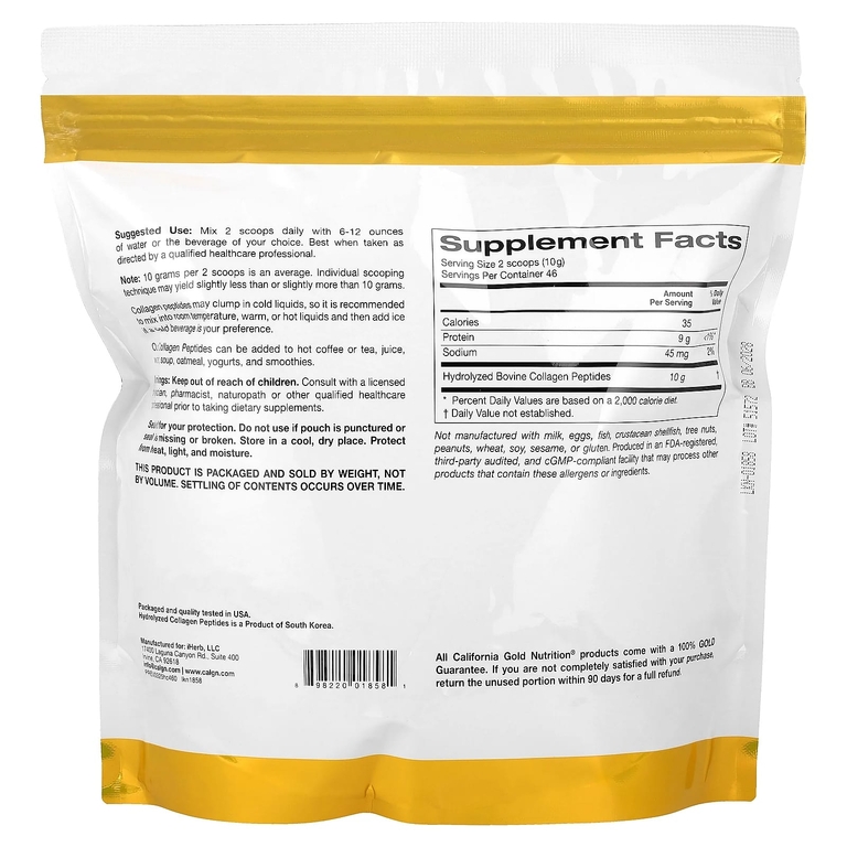 California Gold Nutrition, пептиды гидролизованного коллагена типов I и III, без добавок, 460 г (1,01 фунта)