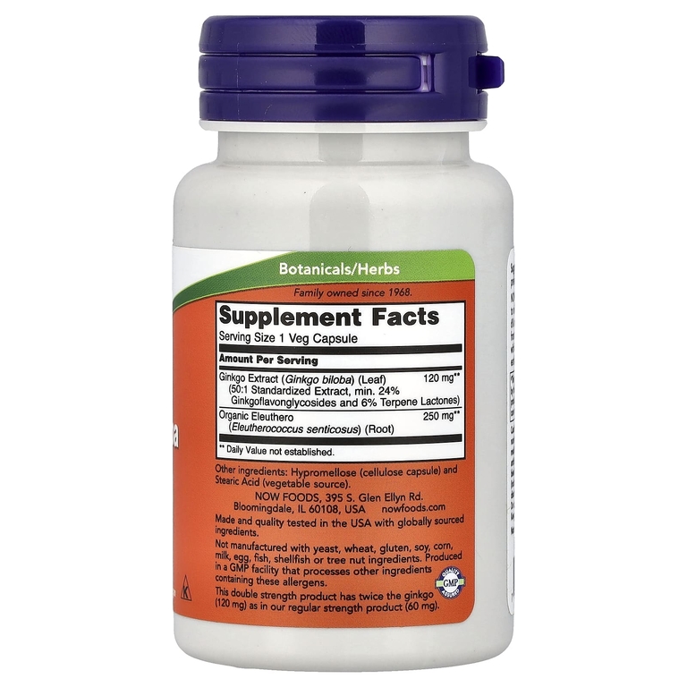 NOW Foods, гинкго билоба с корнем элеутерококка, 50 растительных капсул