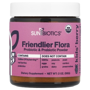 Sunbiotics, Kids Friendlier Flora, пробиотики и пребиотики в порошке, ягоды, 5 млрд КОЕ, 56 г (2 унции)