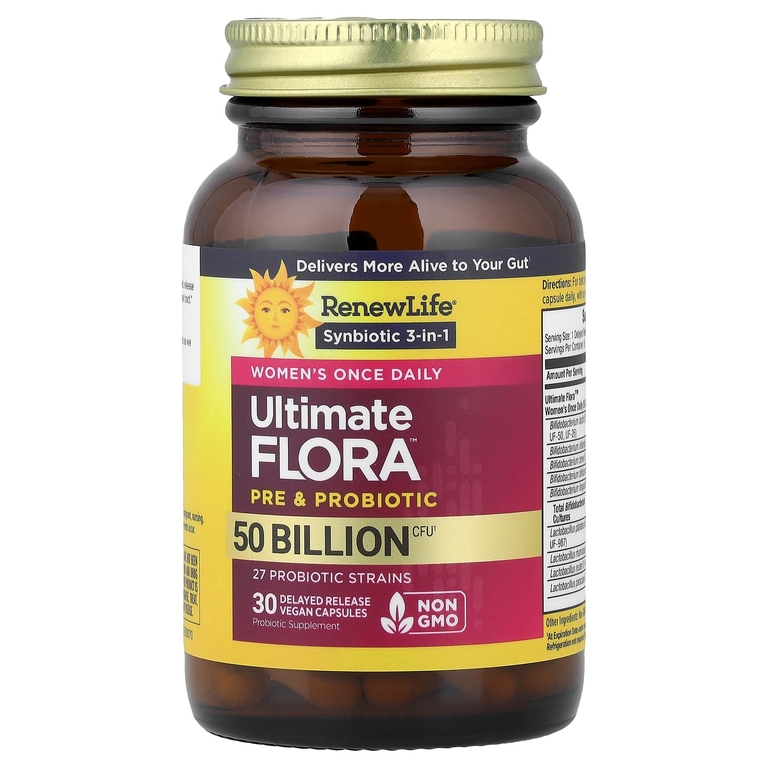 Renew Life, Ultimate Flora™, пребиотики и пробиотики для женщин, 30 веганских капсул с отсроченным высвобождением