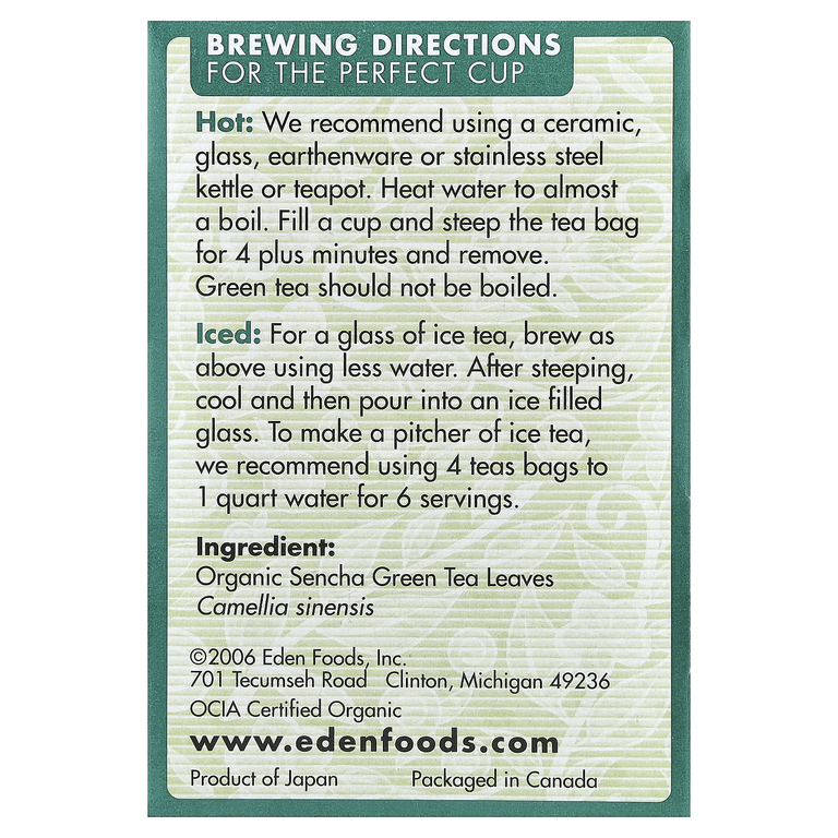 Eden Foods, органический сенча, зеленый чай, 16 чайных пакетиков, 24 г (0,84 унции) (Товар снят с продажи) 