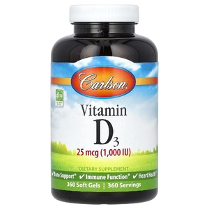Carlson, Витамин D3, 25 мкг (1000 МЕ), 360 мягких таблеток