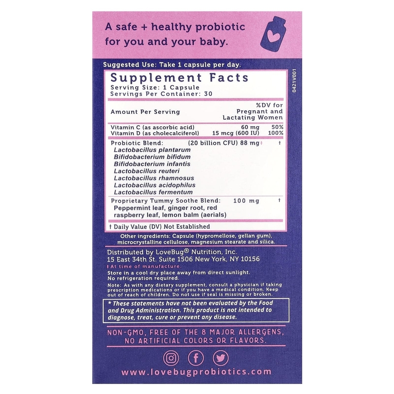 LoveBug Probiotics, пренатальный пробиотик, 20 млрд КОЕ, 30 капсул