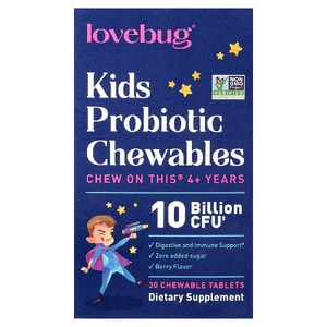 LoveBug Probiotics, пробиотики для детей, от 4 лет, с ягодным вкусом,10 млрд КОЕ, 30 жевательных таблеток
