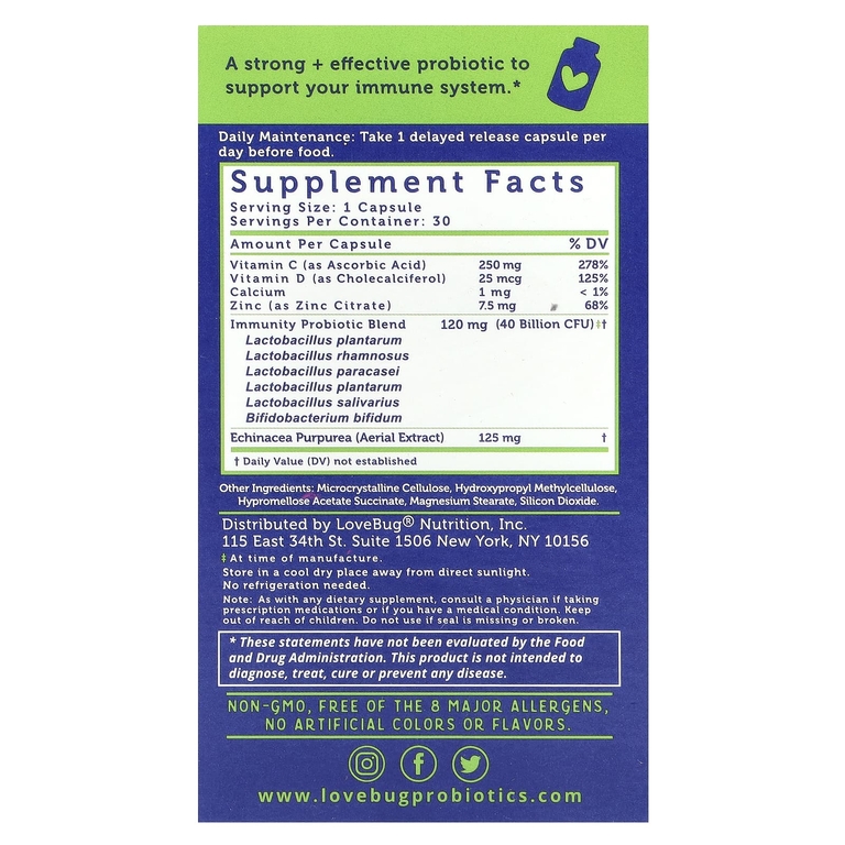 LoveBug Probiotics, Immune Support Probiotic™, пробиотик для ежедневного приема, 40 млрд КОЕ, 30 капсул