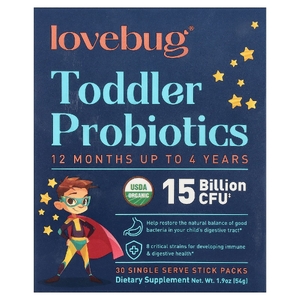 LoveBug Probiotics, пробиотики для детей в возрасте от 1 года до 4 лет, 15 млрд КОЕ, 30 порций в индивидуальных стик-пакетах по 1,8 г (0,06 унции)