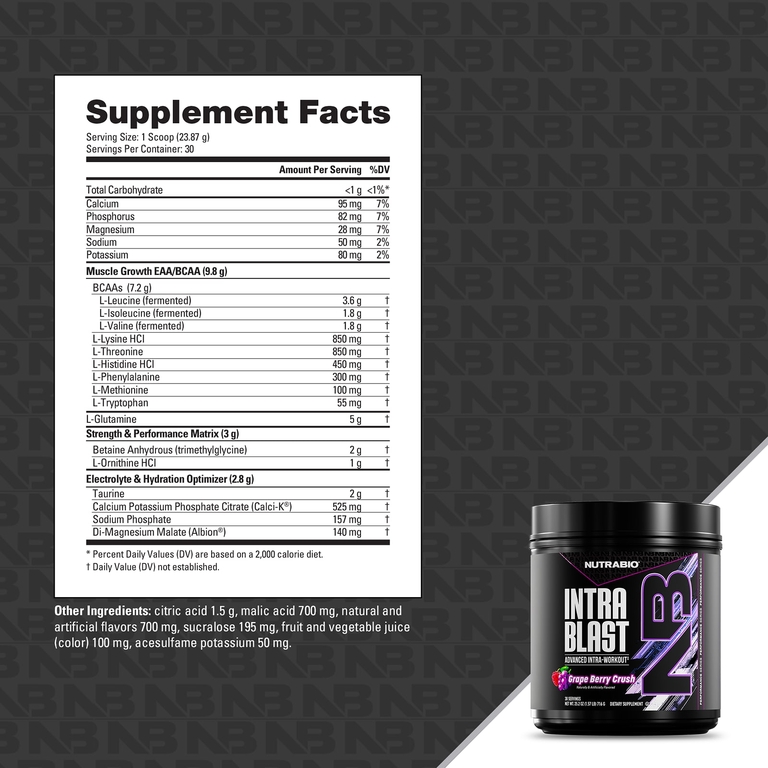 NutraBio, Intra Blast, усовершенствованная добавка во время тренировки, со вкусом винограда, 716 г (1,57 фунта)
