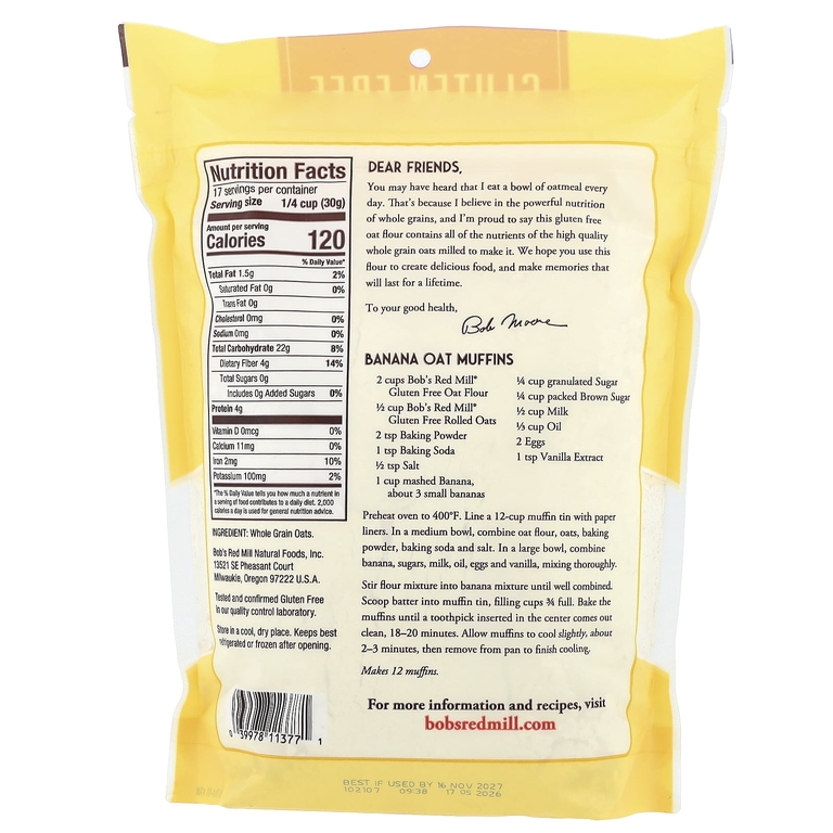 Bob's Red Mill, Овсяная мука, цельнозерновые, без глютена, 18 унций (510 г)