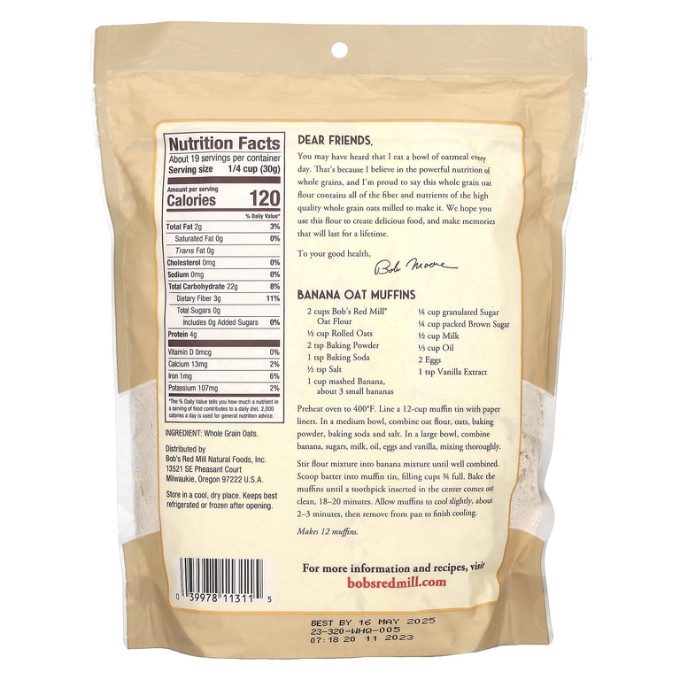Bob's Red Mill, овсяная мука, цельнозерновая, 567 г (20 унций)