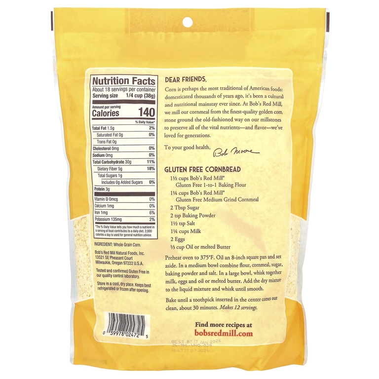Bob's Red Mill, Кукурузная мука, среднего помола, из цельного зерна, 680 г (24 унции)