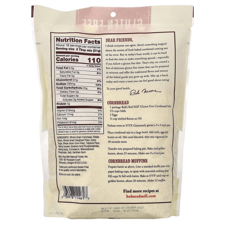 Bob's Red Mill, Cornbread Mix, без глютена, 567 г (20 унций)