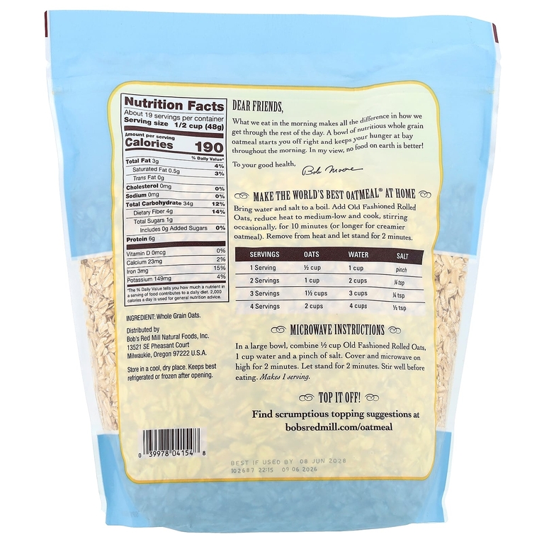 Bob's Red Mill, Old Fashioned Rolled Oats, цельнозерновые, 907 г (32 унции)