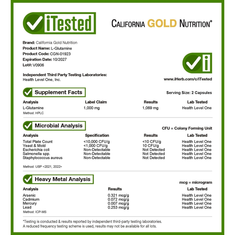 California Gold Nutrition, AjiPure®, L-глютамин, 120 растительных капсул (500 мг в 1 капсуле)