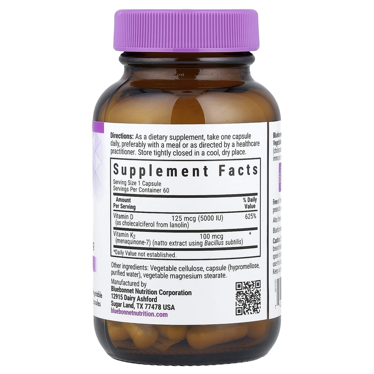 Bluebonnet Nutrition, витамины D3 и K2, 60 вегетарианских капсул