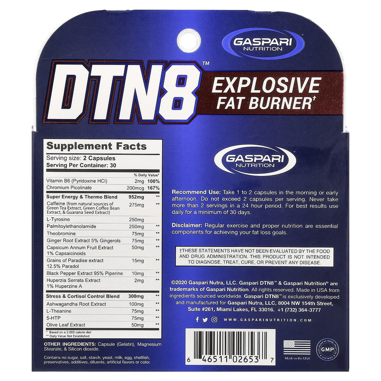 Gaspari Nutrition, DTN8, сжигатель жира с высоким уровнем действия, 60 капсул