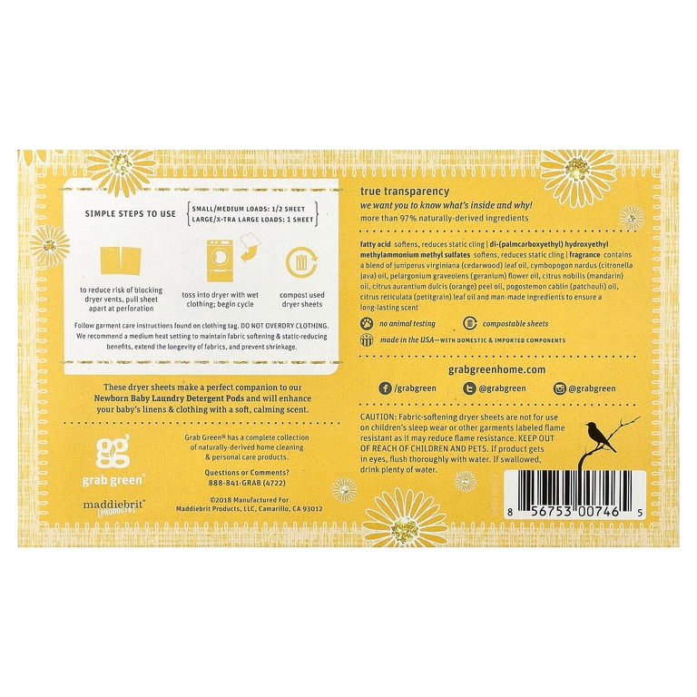 Grab Green, Бaby Drying Sheets, 0–4 месяца, успокаивающая ромашка, 40 компостируемых салфетов