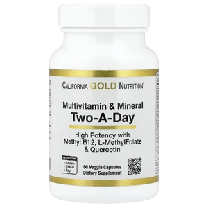 California Gold Nutrition, мультивитамины и минералы с метилом B12, витамином C, L-метилфолатом и кверцетином, для приёма два раза в день, 60 растительных капсул