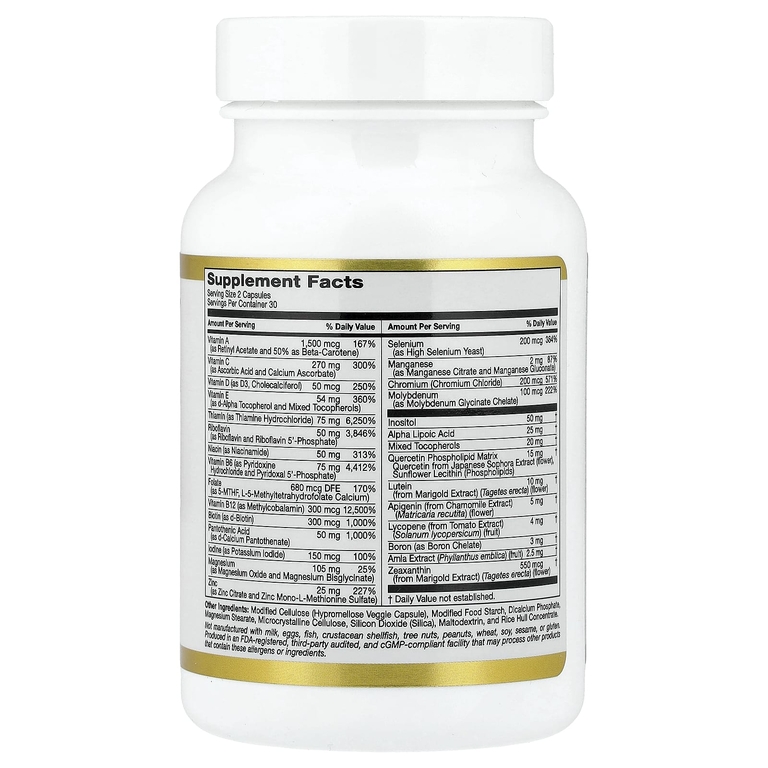 California Gold Nutrition, мультивитамины и минералы с метилом B12, витамином C, L-метилфолатом и кверцетином, для приёма два раза в день, 60 растительных капсул