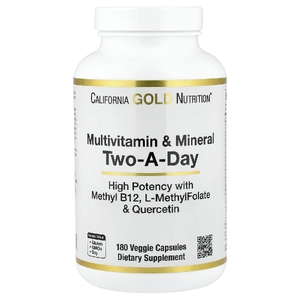 California Gold Nutrition, мультивитамины и минералы с метилом B12, витамином C, L-метилфолатом и биокверцетином, для приёма два раза в день, 180 растительных капсул