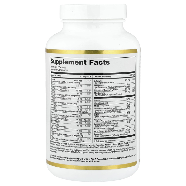 California Gold Nutrition, мультивитамины и минералы с метилом B12, витамином C, L-метилфолатом и биокверцетином, для приёма два раза в день, 180 растительных капсул