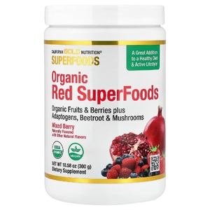California Gold Nutrition, Superfoods, органические красные суперфуды с порошками из органических ягод асаи, органической черники, органической клюквы и органического граната, смесь ягод, 300 г (10,58 унции)