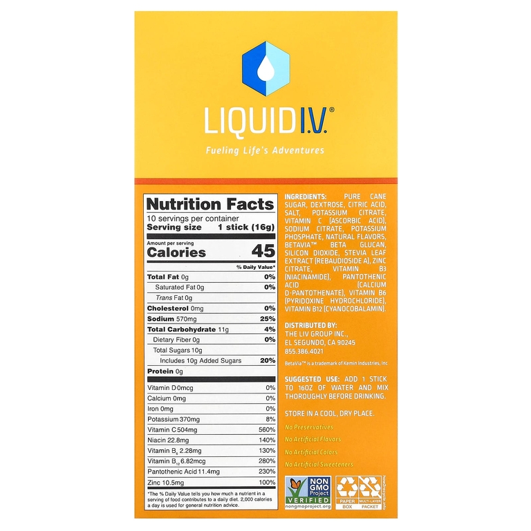 Liquid I.V., Hydration Multiplier® и смесь для приготовления напитка для поддержки иммунитета, со вкусом мандарина, 10 стик-пакетов по 16 г (0,56 унции)