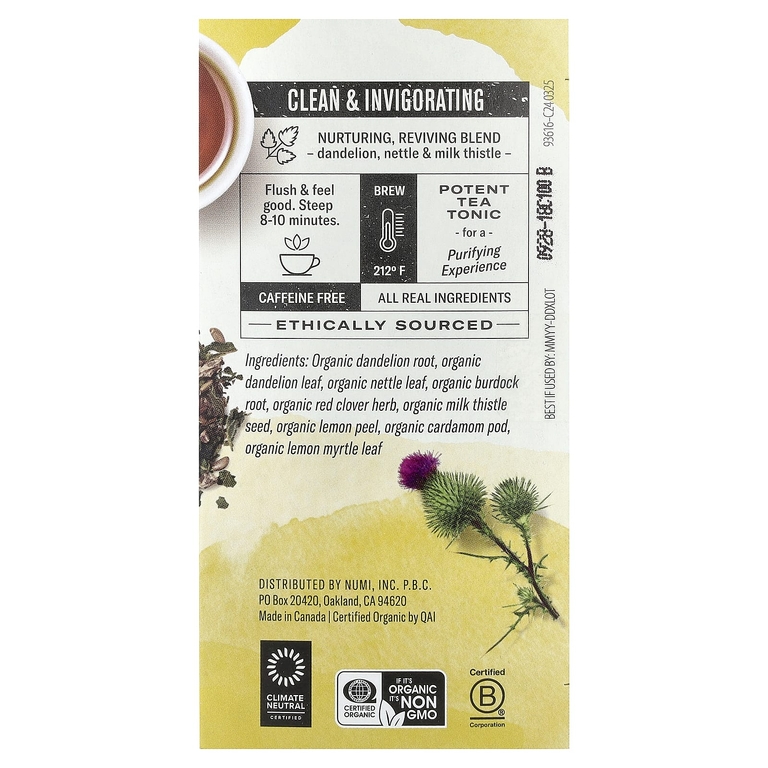 Numi Tea, Organic Dandelion Detox™, без кофеина, 16 чайных пакетиков без ГМО, 32 г (1,13 унции)