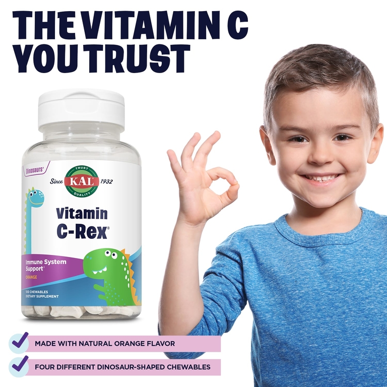 KAL, Dinosaurs®, Vitamin C-Rex®, витамин С, с апельсиновым вкусом, 100 мг, 100 жевательных таблеток