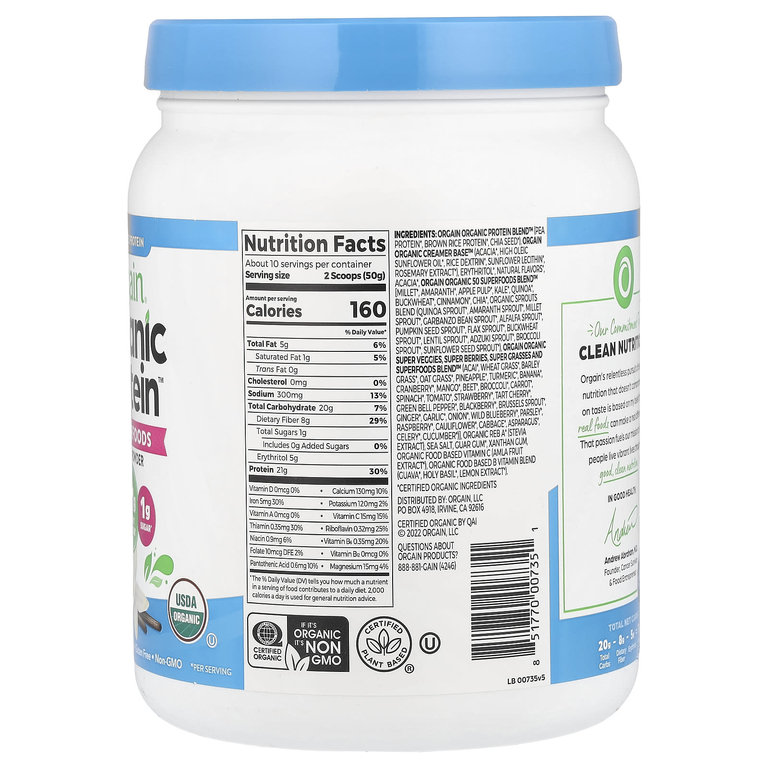 Orgain, Порошок Organic Protein ™ + 50 суперфудов, растительная ваниль, 510 г (1,12 фунта)