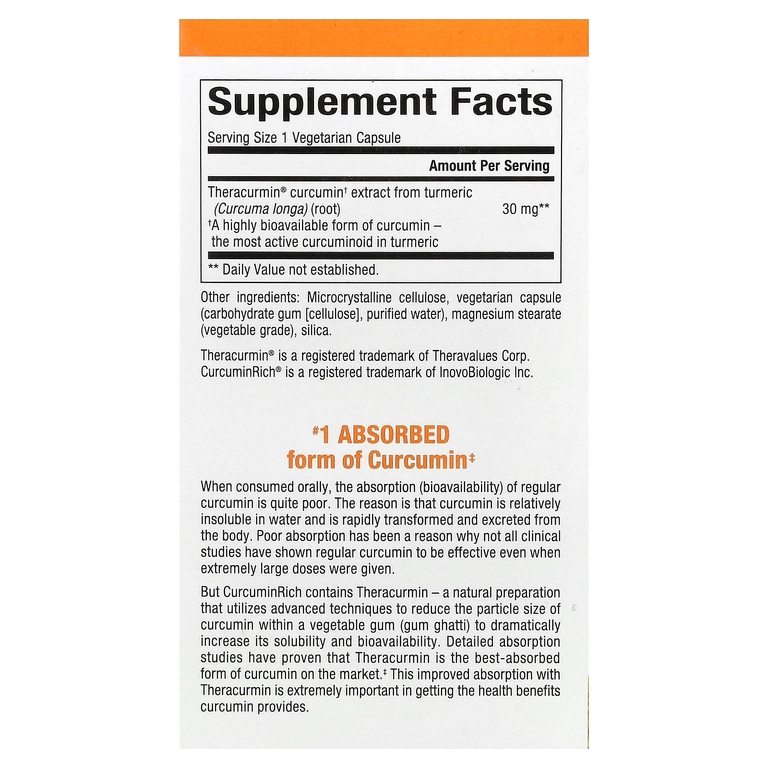 Natural Factors, CurcuminRich®, Theracurmin®, куркумин, 30 вегетарианских капсул (30 мг в 1 капсуле)