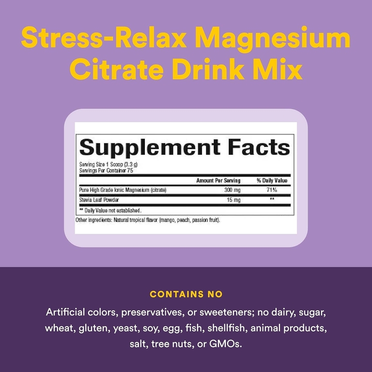 Natural Factors, Stress-Relax®, цитрат магния в порошке, смесь для приготовления напитка со вкусом тропических фруктов, 250 г (8,8 унции)