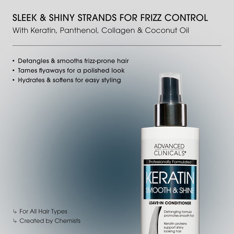 Advanced Clinicals, Keratin Smooth & Shine, несмываемый кондиционер для гладкости и блеска волос, 237 мл (8 жидк. унций)