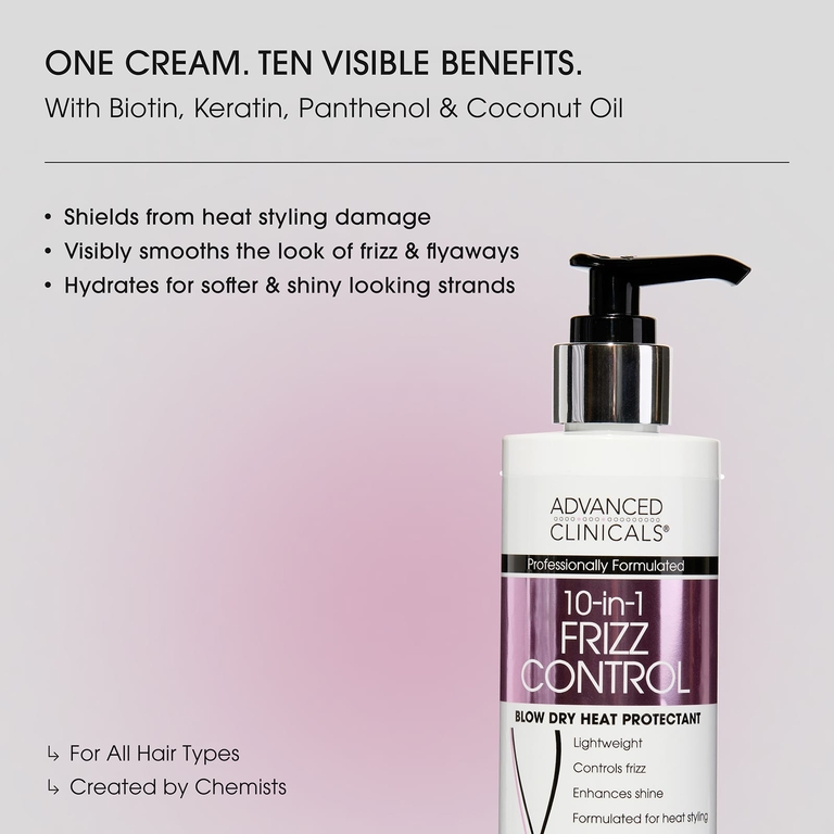 Advanced Clinicals, термозащитное средство 10 в 1 Frizz Control, для сухих и пушения волос, 222 мл (7,5 жидк. унции)