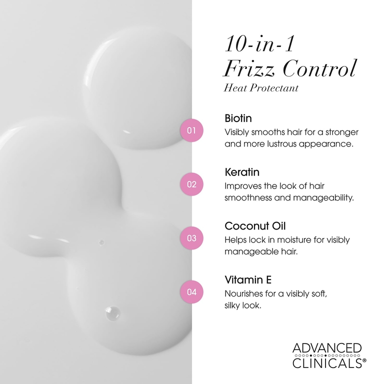 Advanced Clinicals, термозащитное средство 10 в 1 Frizz Control, для сухих и пушения волос, 222 мл (7,5 жидк. унции)