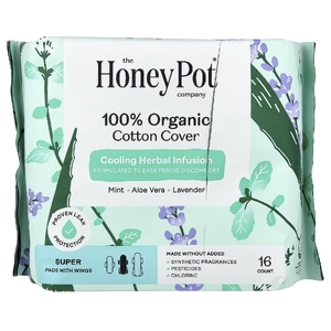 The Honey Pot Company, 100% органический хлопковый чехол, охлаждающий травяной настой, колодки с крылышками, супер-класс, 16 шт.