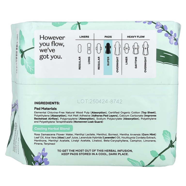 The Honey Pot Company, 100% органический хлопковый чехол, охлаждающий травяной настой, колодки с крылышками, супер-класс, 16 шт.