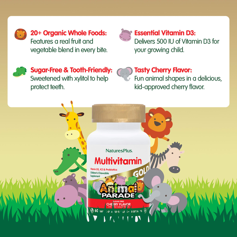 NaturesPlus, Animal Parade® Gold, жевательные мультивитамины для детей, со вкусом вишни, 60 таблеток в форме животных