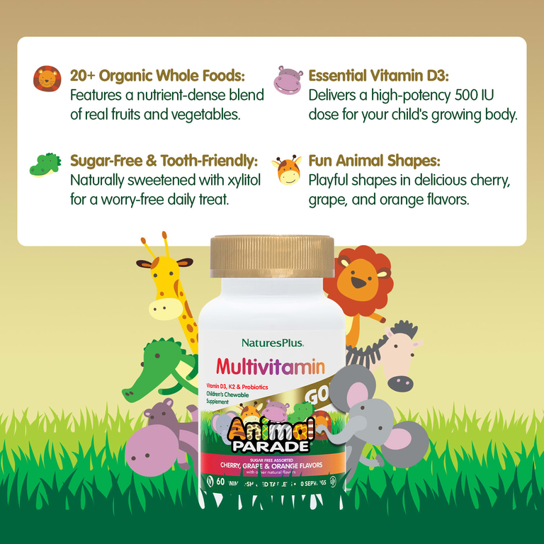 NaturesPlus, Animal Parade® Gold, жевательные мультивитамины для детей, со вкусом вишни, винограда и апельсина, 60 таблеток в форме животных