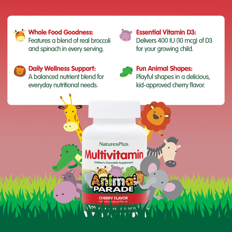 NaturesPlus, Animal Parade®, жевательные мультивитамины для детей, со вкусом вишни, 90 таблеток в форме животных