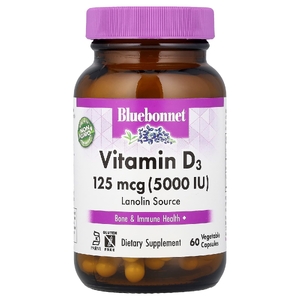 Bluebonnet Nutrition, витамин D3, 125 мкг (5000 МЕ), 60 вегетарианских капсул